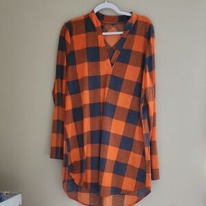 SHEIN Orange and Gray Plaid Tunic Top